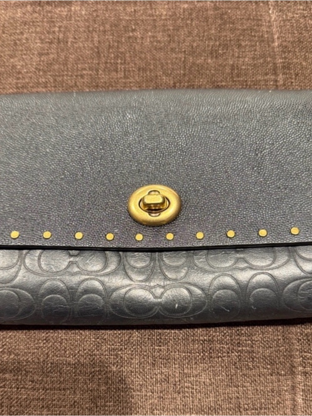 Coach 1941 Embossed riveted Crossbody Wallet - Black Gold Leather - fold-over